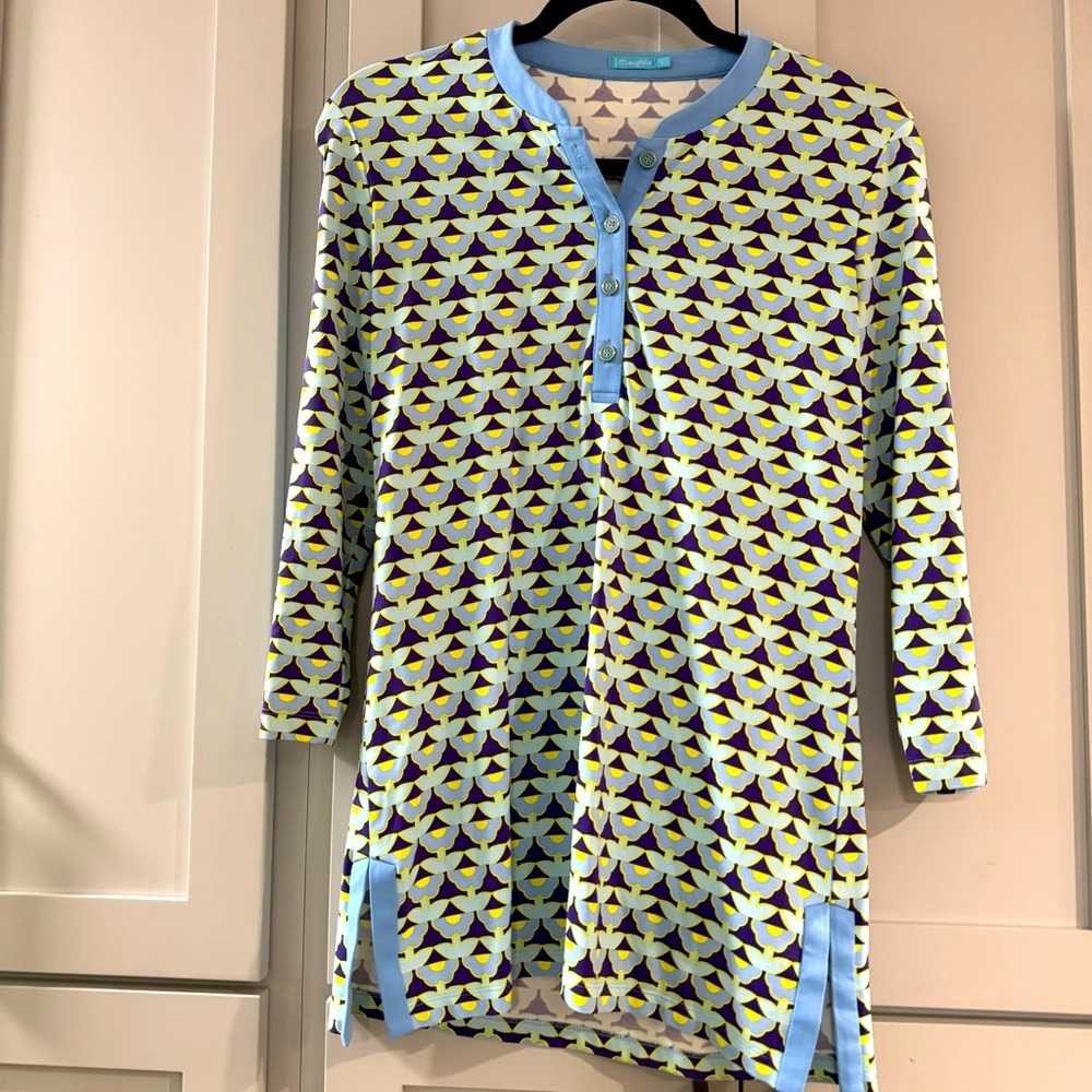 J.McLaughlin‎ Catalina Cloth Tunic Blue w/ Purple & Yellow Floral Print size Sm